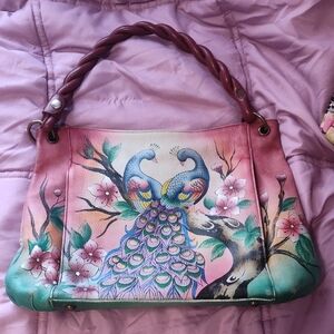 Hand-Painted Pink and Green Peacock Bag